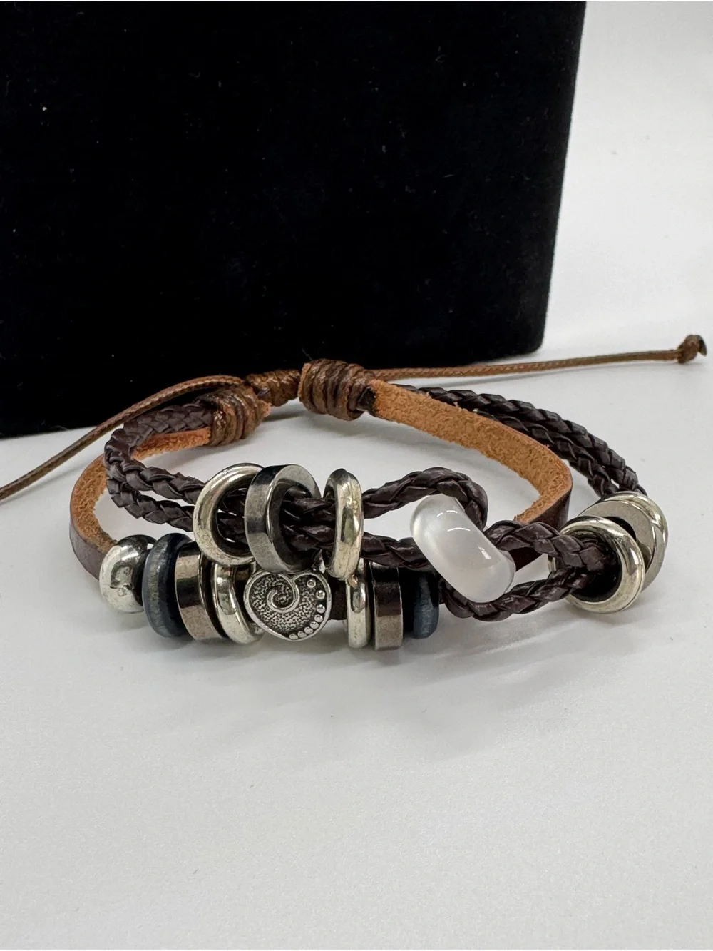 Brown Braided Leather Unisex Bracelet with multi Accents- Pullcord style